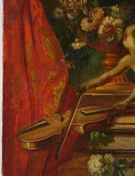 Pieter Casteels III, follower of, Wall panels, a pair, Flower urns with a parrot and a monkey respectively.