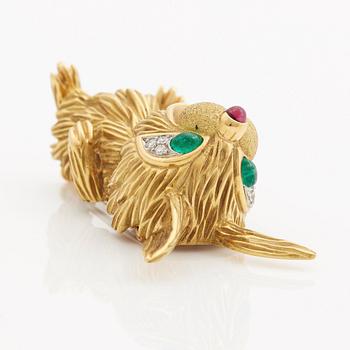 A ruby, cabochon cut emerald, brilliant- and single cut diamond 1950/60's brooch.