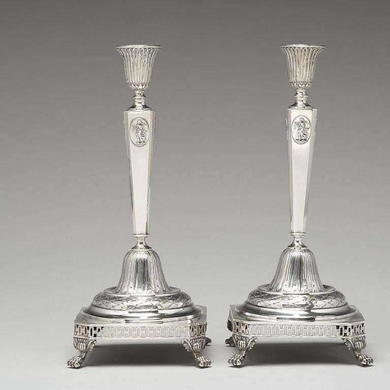 A pair of Swedish 18th century silver candlesticks, mark of Erik Sossell, Stockholm 1794.