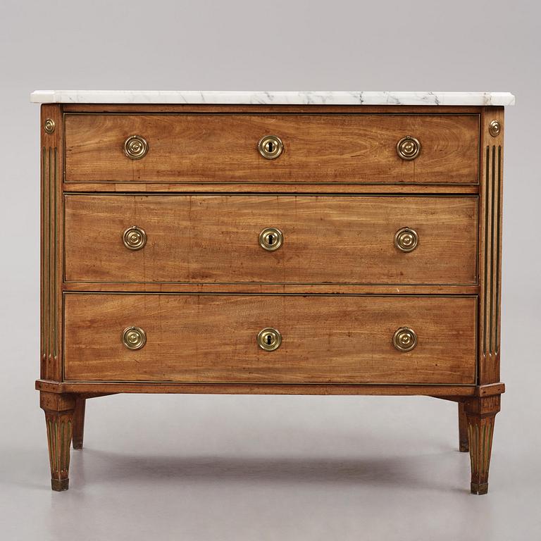 A late Gustavian mahogany, marble top, and brass-mounted commode, Stockholm, late 18th century.