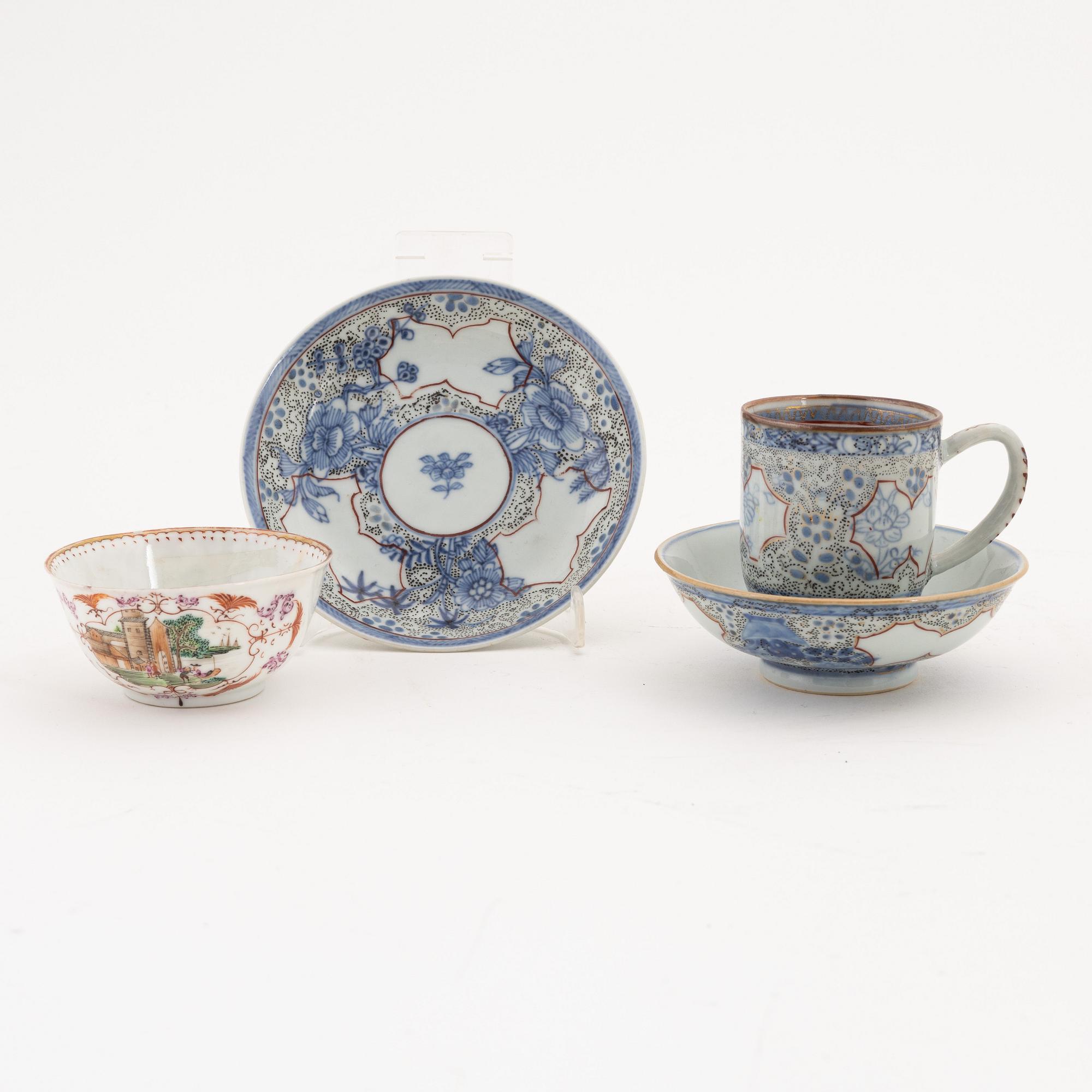 A famille rose cup with stand, a dish and a single cup, Qing dynasty, Qianlong (1736-95).