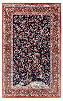 404. A signed pictoral silk Qum rug, c. 203 x 127 cm.