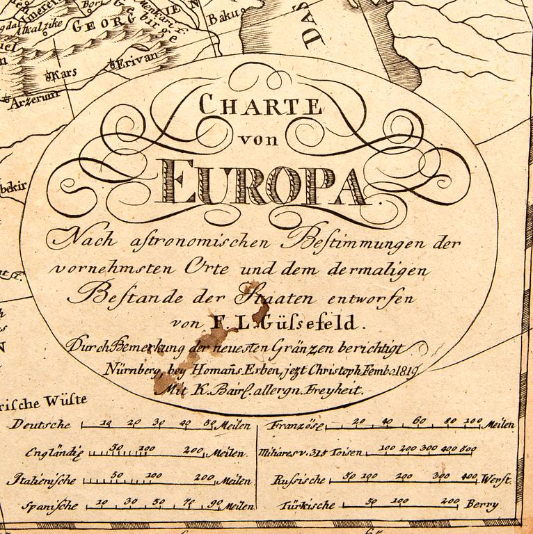 Franz Ludwig Güssefeld, map, hand colored copper engraving, Nürnberg 1819.