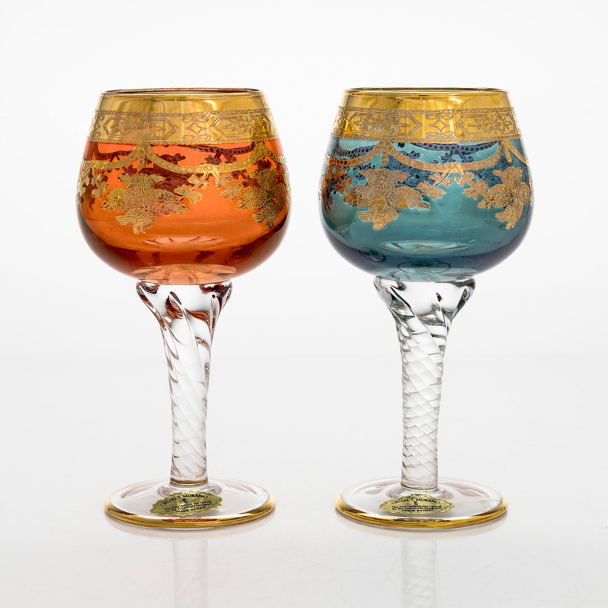 A set of six late 20th century Murano glasses, Italy,.