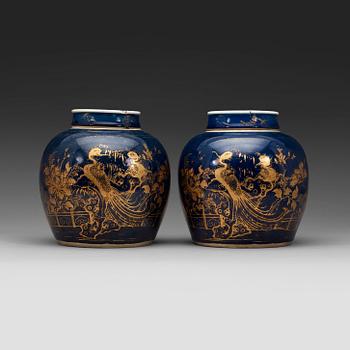 A pair of powder blue jars with covers, Qing dynasty Qianlong 1736-95.