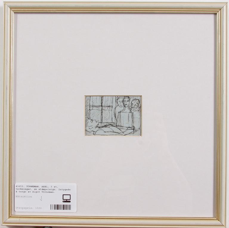 TÖRNEMAN, AXEL, 3 st, teckningar, en stämpelsign. Intygade á tergo av Algot Törneman.