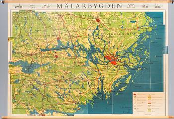 SKOLKARTA, "MÄLARBYGDEN", Kartförlaget, Stockholm,  1960-tal.