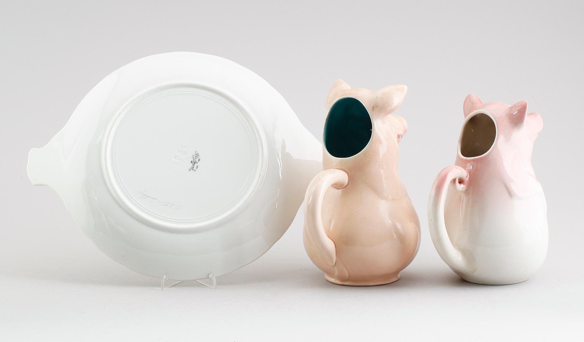 KANNOR OCH FAT, 3 delar, porslin, Sarreguemines och Rörstrand, omkring år 1900.