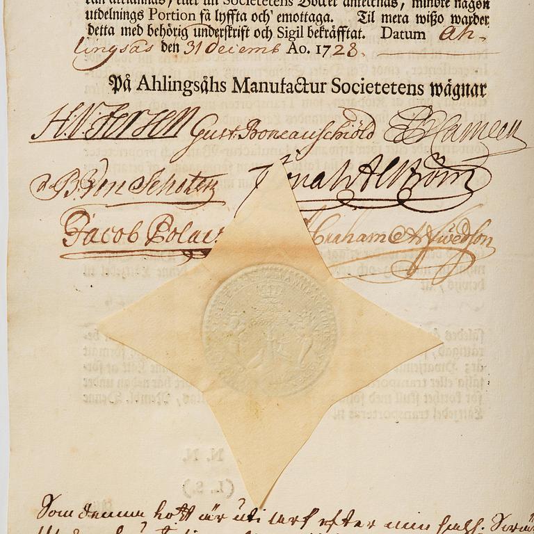 A Swedish share certificate, Ahlingsåhs Manufaktur Werk, No 526, 1728.