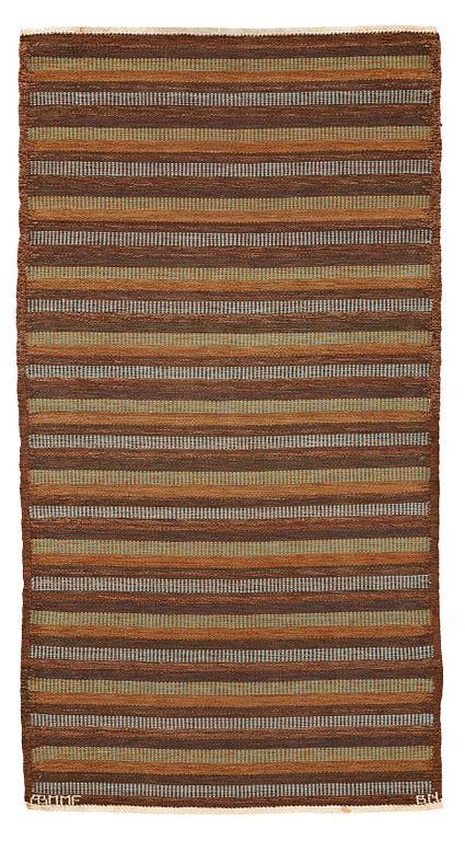 Barbro Nilsson, A CARPET, "Randig med tvist, brun och grön", rölakan, ca 195,5 x 104,5 cm, signed AB MMF BN.