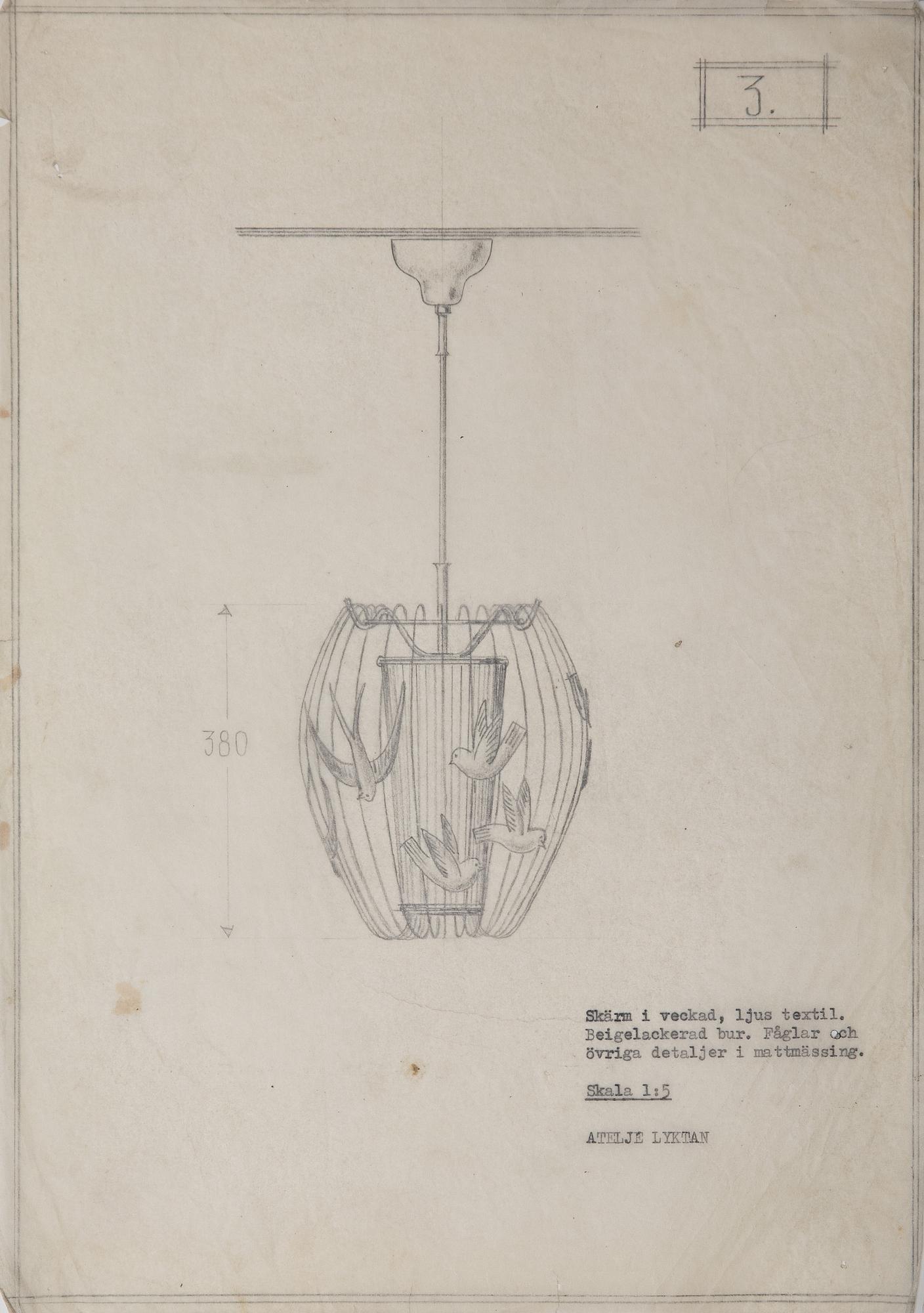 Hans Bergström, taklampa, modell "3", ateljé Lyktan, Åhus, 1940-50-tal.