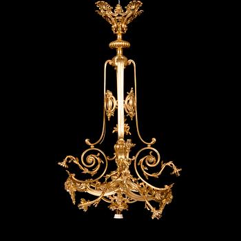Ferdinand Barbedienne, A signed and gilded bronze chandelier from second half of the 19th century. Height 115 cm.