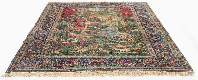 A semi-antique pictoral Kirman Lavar rug, Southeastern Persia (Iran), c. 236 x 156 cm.