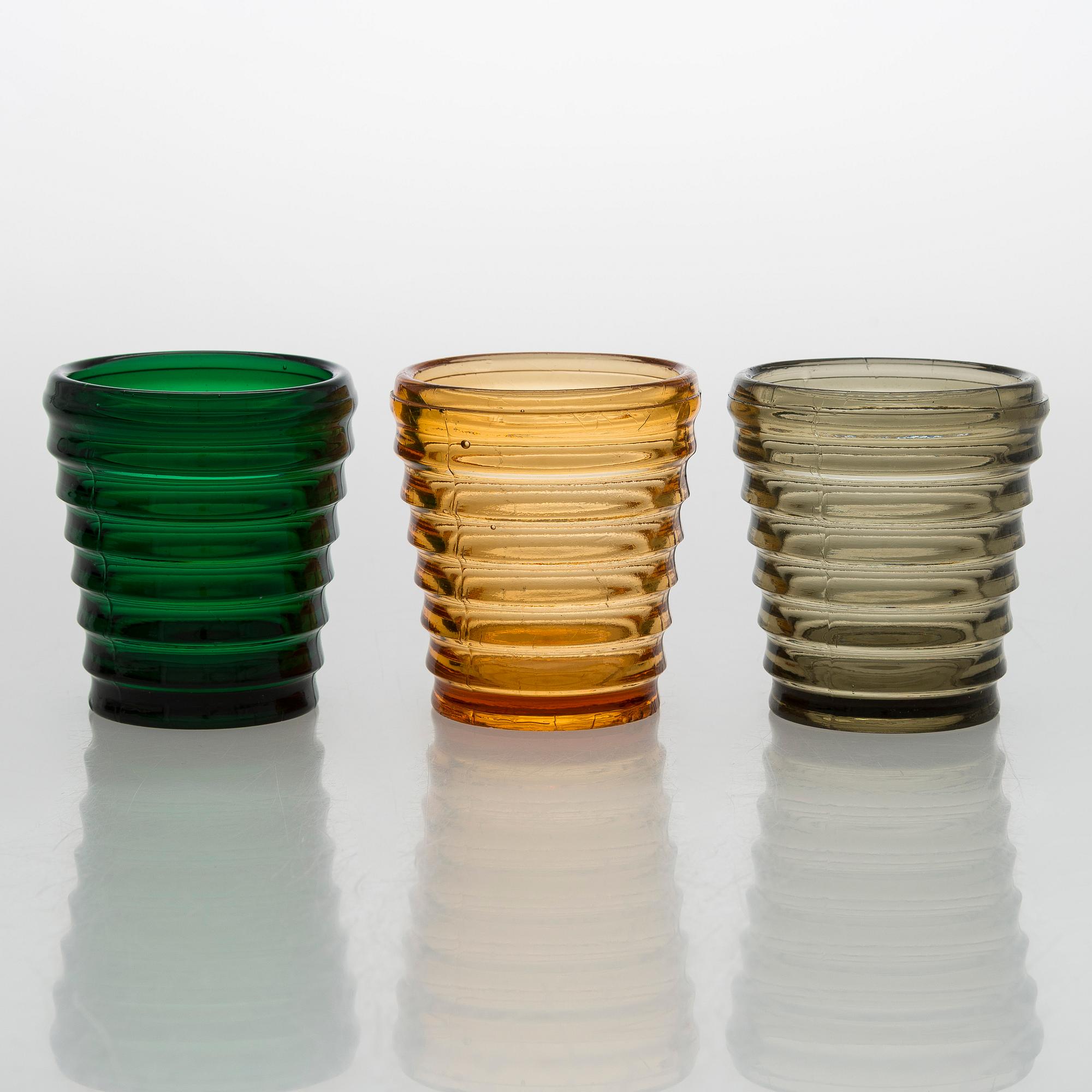 Aino Aalto, set of three  1930s 'Bölgeblick' 4052 drinking glasses for Karhula Glassworks, Finland.