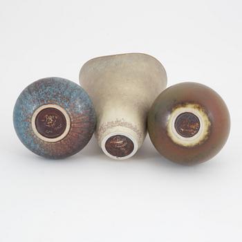 Carl-Harry Stålhane, three stoneware vases and a bowl, Gunnar Nylund a vase, and a vase Humlrbaek, Denmark.