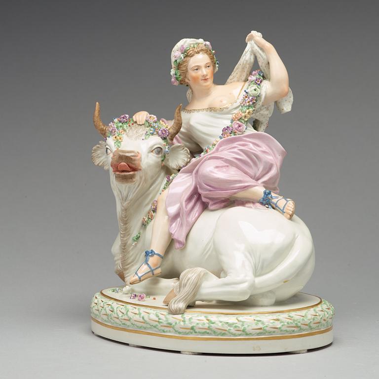 A Royal Copenhagen allegorical porcelain figure representing 'Europe and the Bull'. Denmark, 1920.