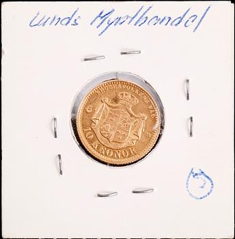 GULDMYNT, 10 kronor, Oscar II, 1874. Vikt ca 4,5 gram.