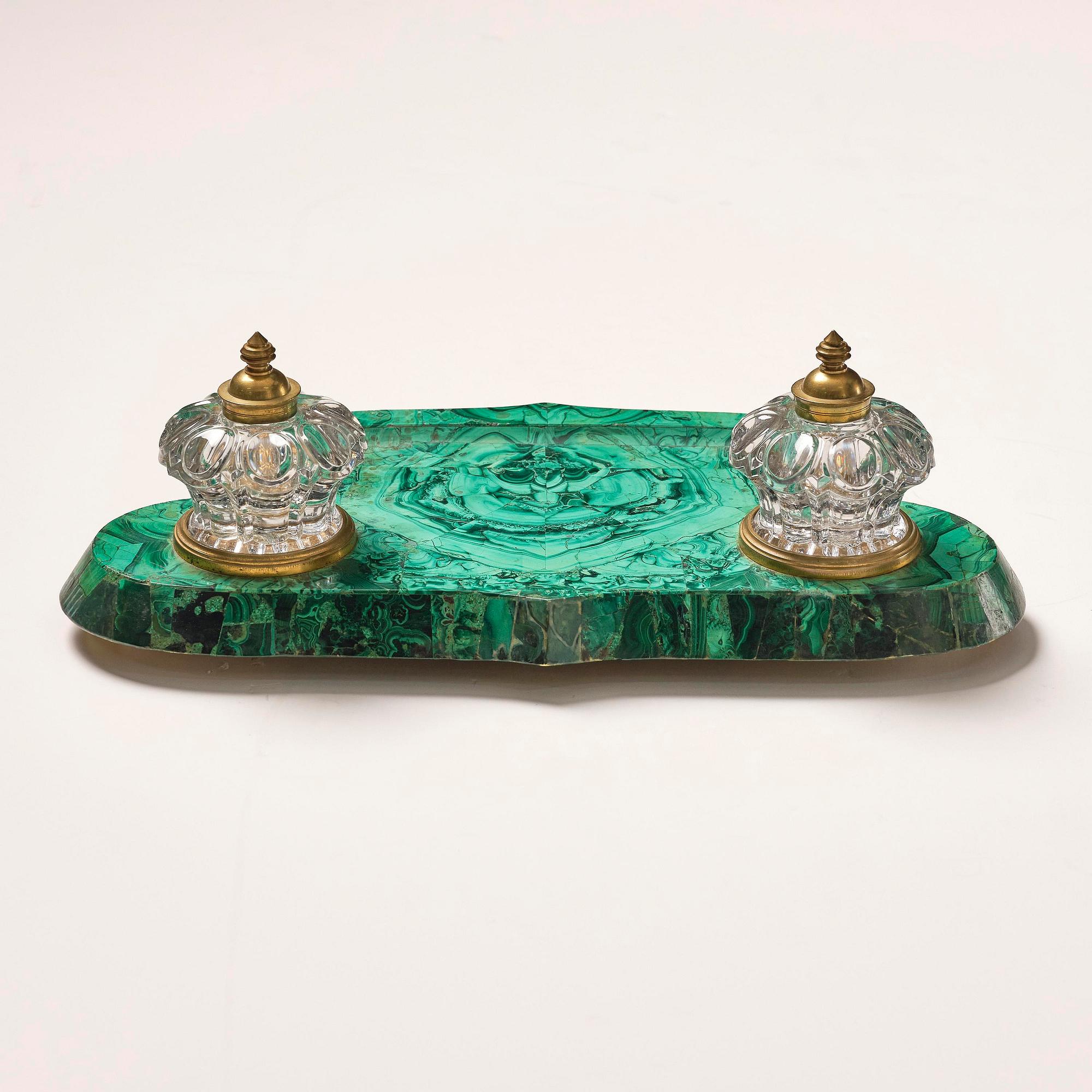 A Russian Alexander III malachite-veneered inkstand, late 19th century.