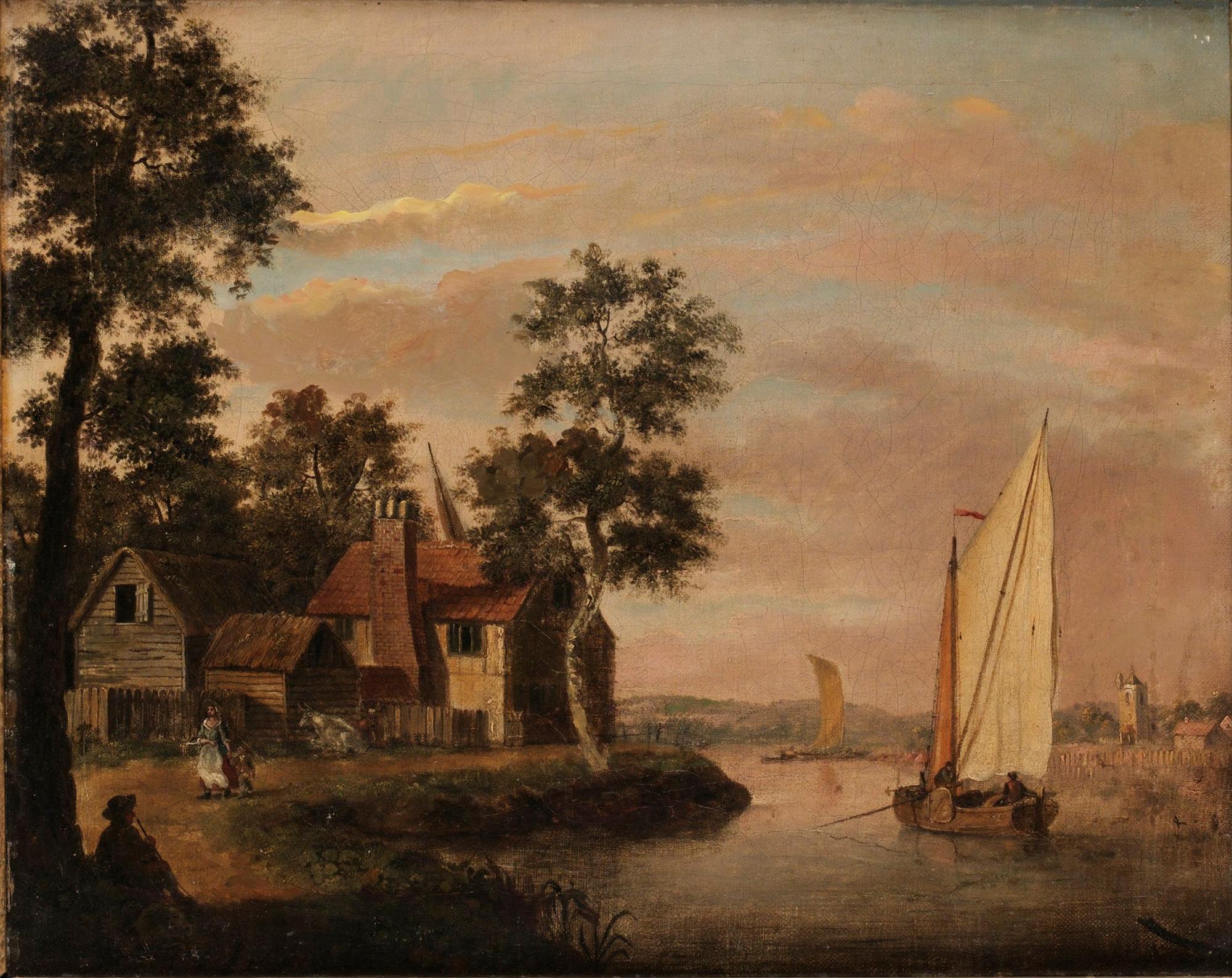 Landskap med båtar och figurer.