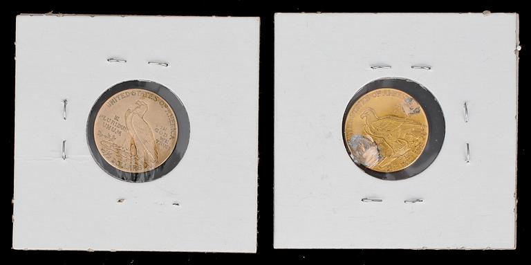 INDIAN DOLLARS, 2 st, guld, 2 1/2 dollar, USA 1908 resp 1926. Totalvikt ca 4 gram.