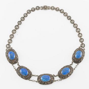 Necklace and earrings, silver with lapis lazuli.