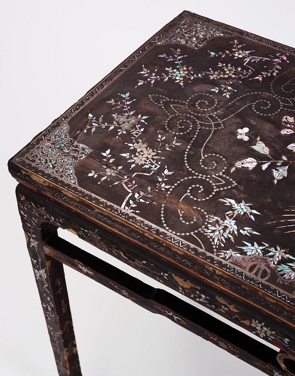 A  Chinese black lacquered altar table with mother of pearl inlay, 17th /18th Century.