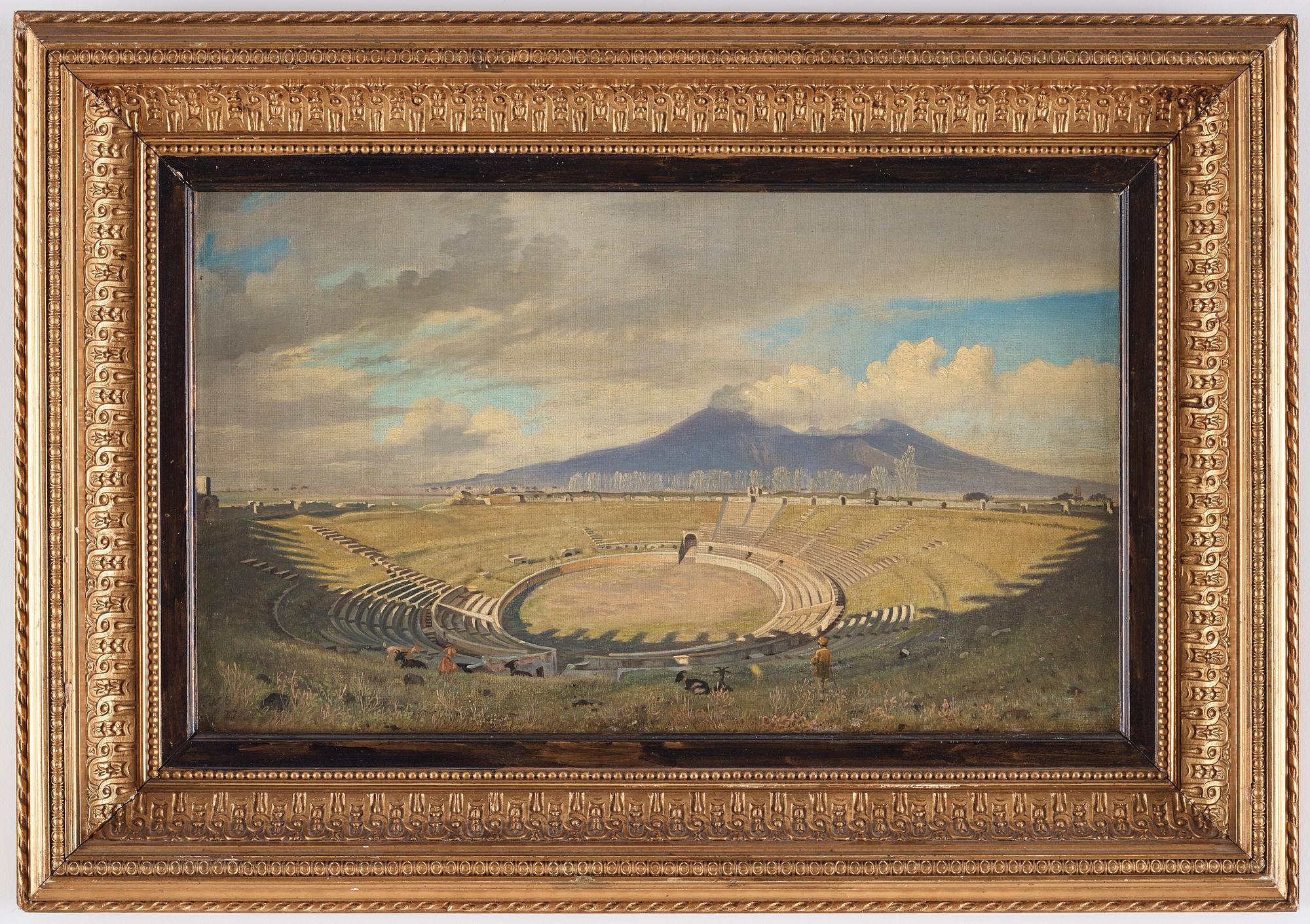 "Amphitheatret i Pompei med Vesuv i Baggrunden".