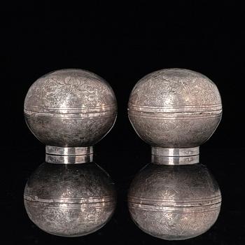 Two circular silver boxes with covers, Tang dynasty (618-906).