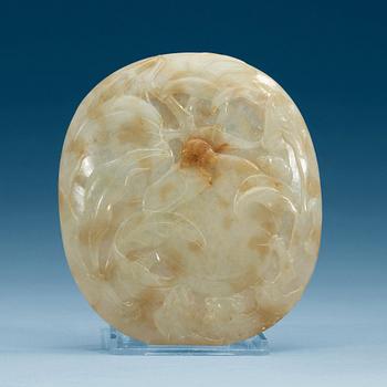 1406. A carved nephrite placque with bats and peaches.