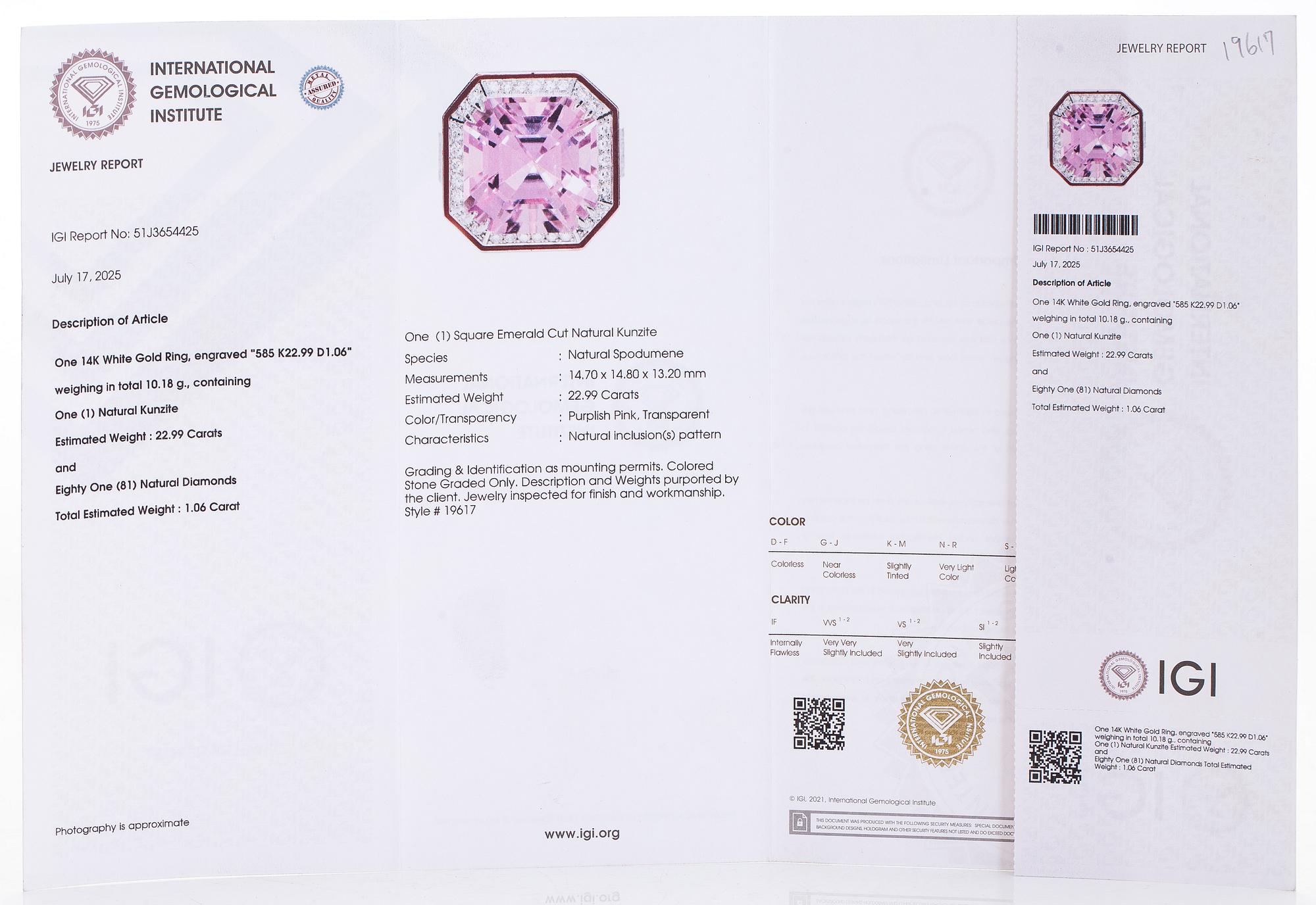 A 14K gold ring with kunzite and diamonds.