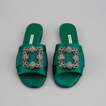 Manolo Blahnik, a pair of green satin sandals, size 38.