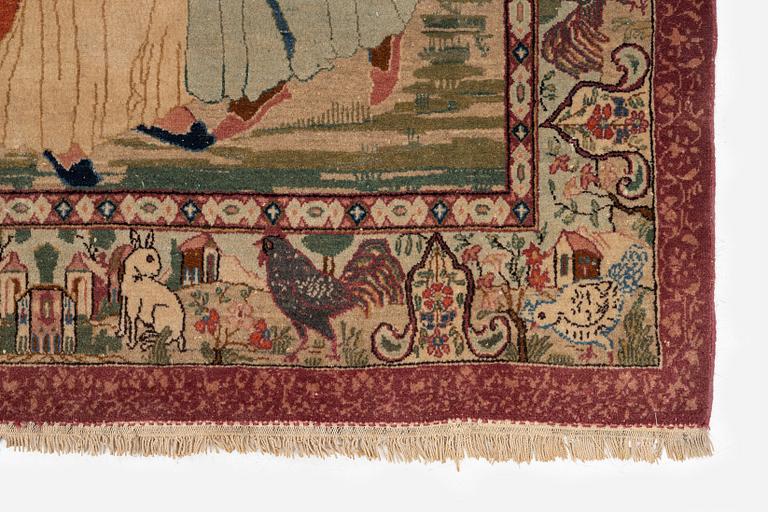 A semi-antique pictoral Kashan carpet, Central Persia, c. 214 x 130 cm.