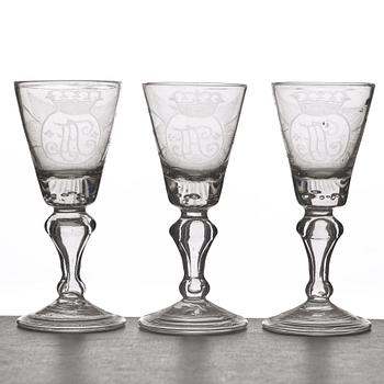 VINGLAS, 3 stycken, glas. Sverige, 1700-tal.