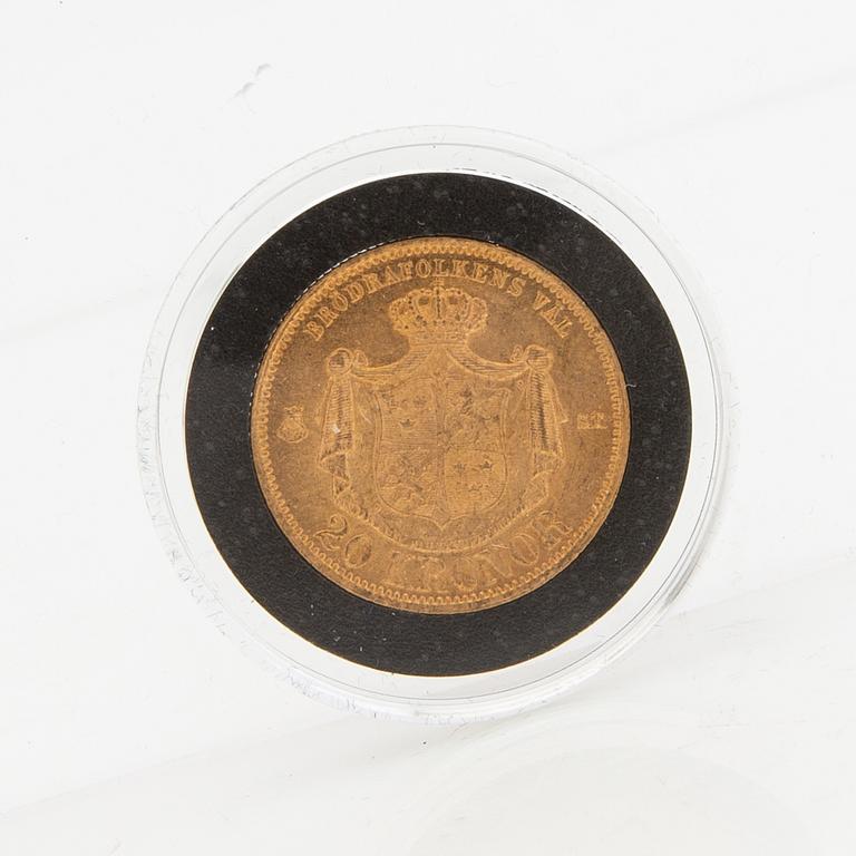 Gold coin Sweden, Oscar II 20 kr, 1876.