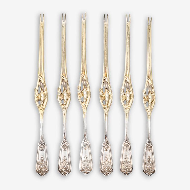 Six silver lobster forks, Germany,