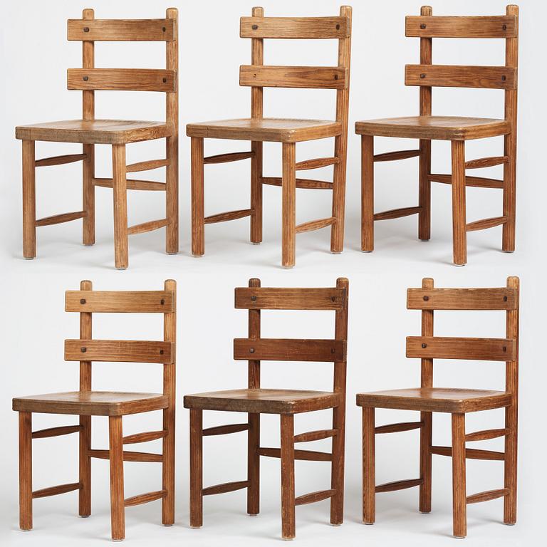 Axel Einar Hjorth, a set of 6 stained pine 'Sandhamn' chairs, Nordiska Kompaniet Sweden 1931-1932.