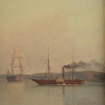 Ehrnfried Wahlqvist Warship at anchor in calm waters by Kronborg Castle.