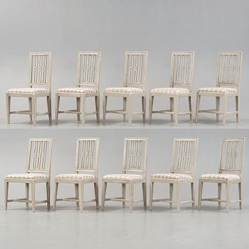 Ten Gustavian late 18th century chairs.