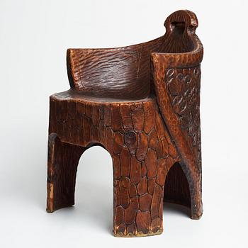 Gustaf Fjaestad, a pair of Art Nouveau carved pine chairs "stabbestolar", Arvika Sweden 1908-09.