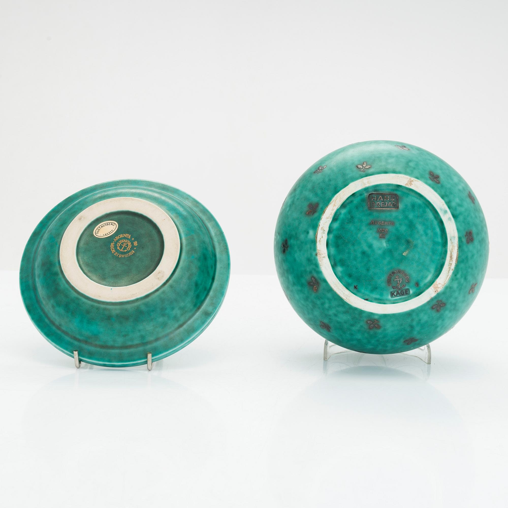 Wilhelm Kåge, maljakko ja kolme kulhoa, "Argenta", Gustavsberg.