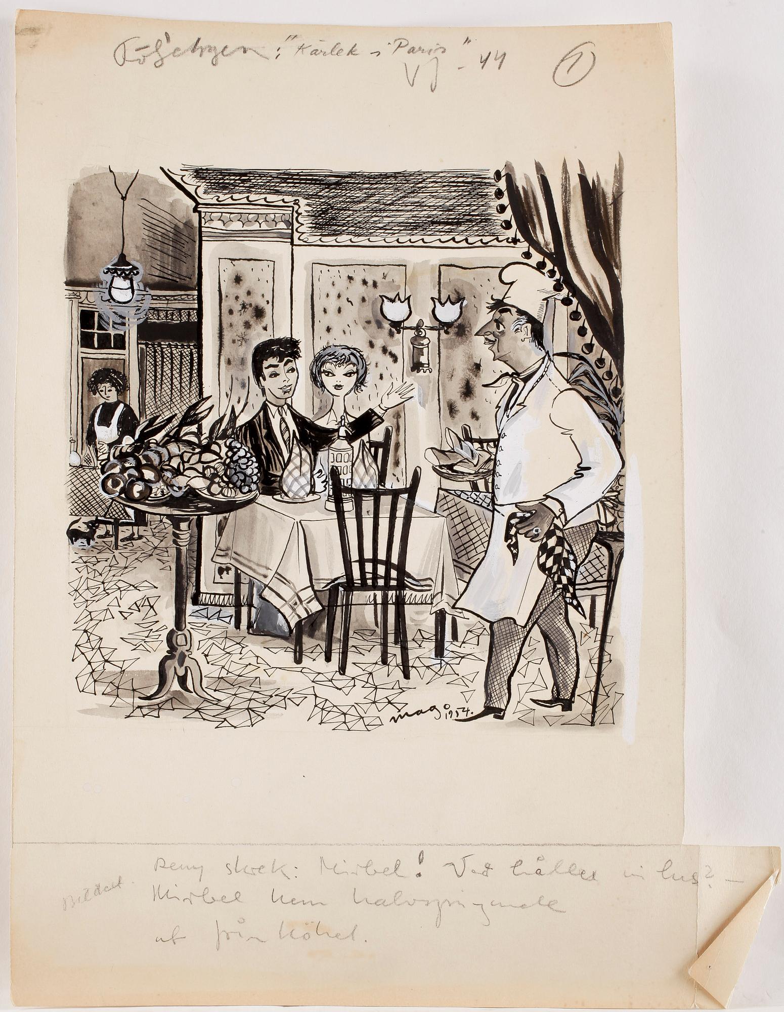 MAX GOLDSTEIN (MAGO), ca 35 st, dräktskisser, teckningar, blyertsskisser, vissa daterade o signerade, Mago 1953.