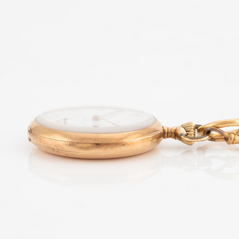 IWC, pocket watch 14K gold, chain in 18k gold, 49 mm.