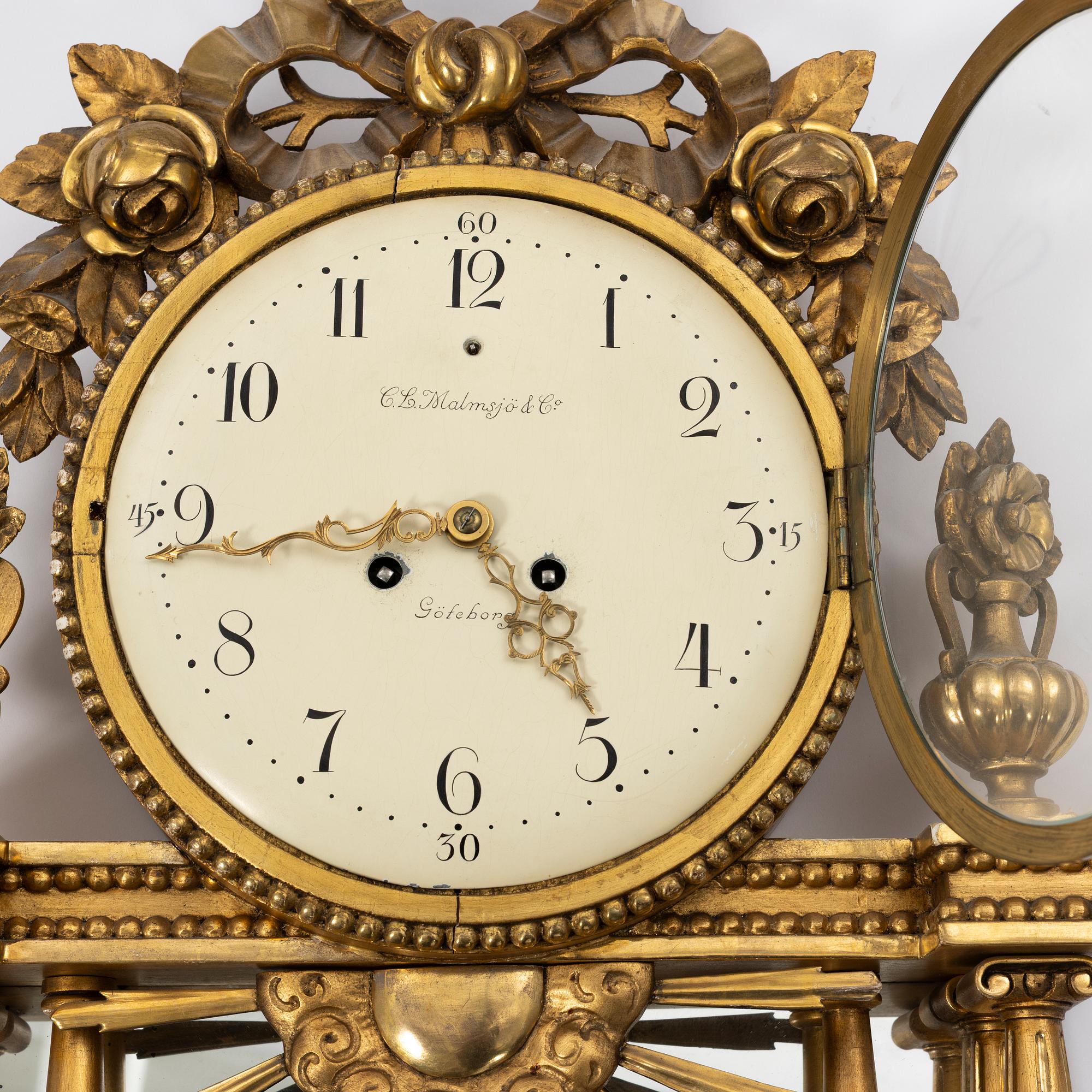 Wall clock, Gustavian style, C.L. Malmsjö & Co, Gothenburg.