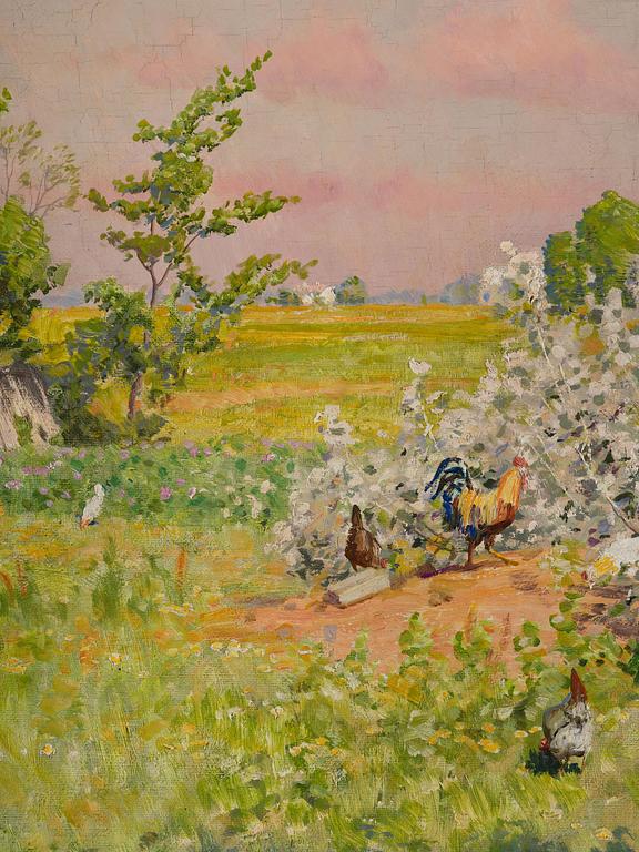 Johan Krouthén, Summer landscape with pecking hens and a wheelbarrow.