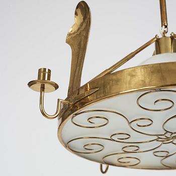 Lars Holmström, a Swedish Grace brass ceiling chandelier, Arvika Sweden 1920s-1930s.