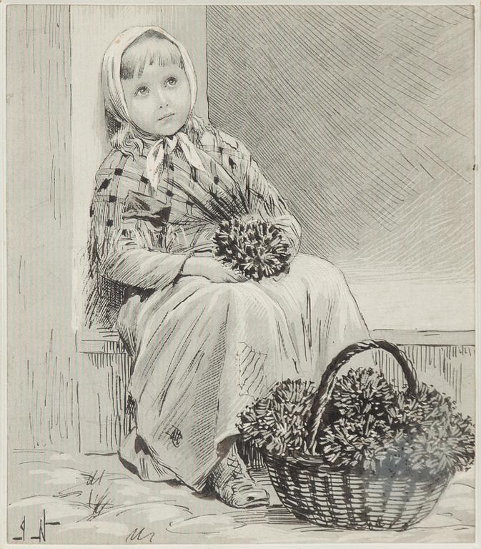 Jenny Nyström, Flicka med blommor, skrapkartong och tusch, monogramsignerad.