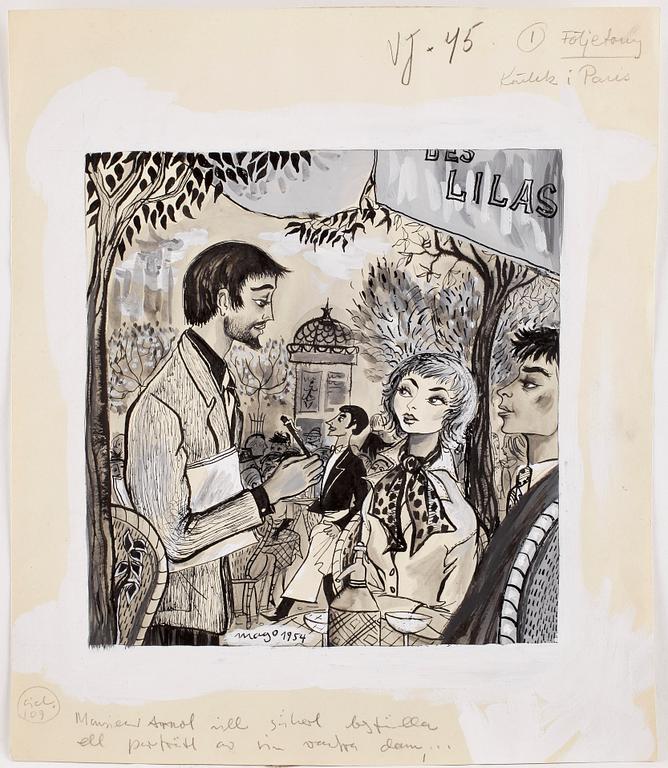 MAX GOLDSTEIN (MAGO), ca 35 st, dräktskisser, teckningar, blyertsskisser, vissa daterade o signerade, Mago 1953.