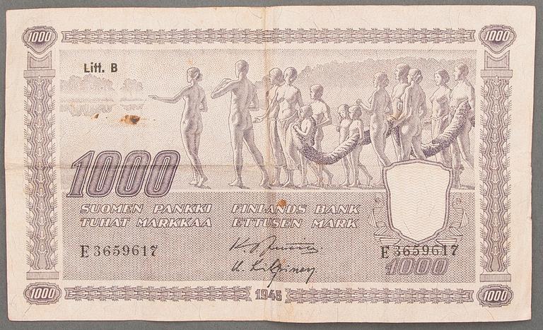 SEDEL, 1000 mark, Finland, 1945.