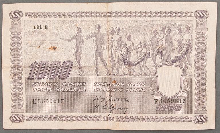 A 1945 bank note of 1000 Finnish Marks.