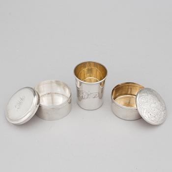 Two Swedish 19th Century silver boxes and one silver beaker, one made by Johan Petter Grönvall, 1827, Stockholm.